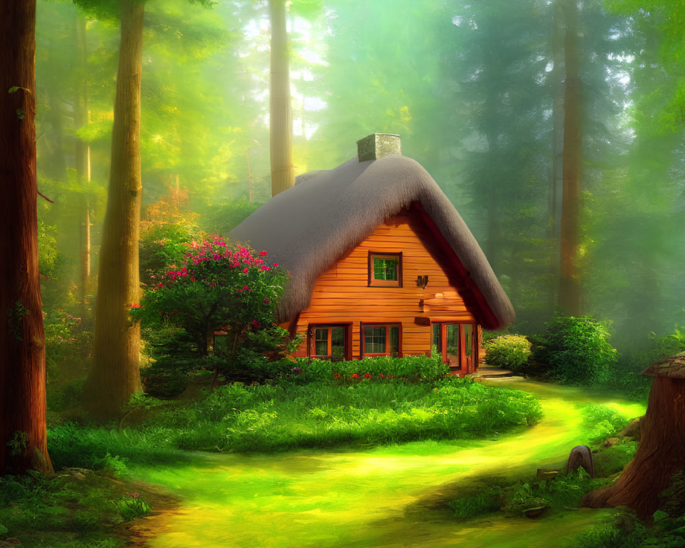 Thatched cottage in sunlit forest with blooming flowers