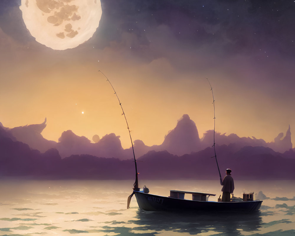 Fisherman in boat under glowing moon fishing in tranquil waters