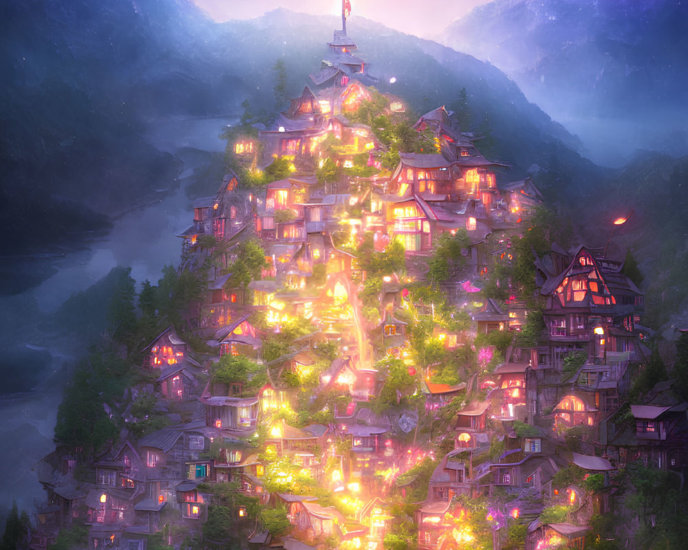 Illuminated mountainside village with glowing lights