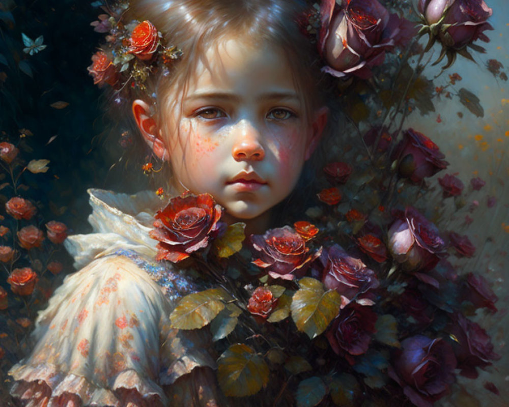 Young girl surrounded by roses and leaves, exuding natural beauty