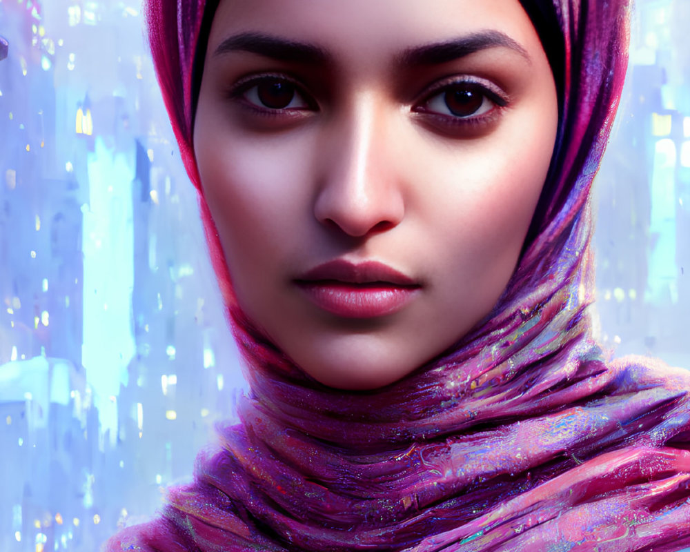 Detailed digital portrait of woman in pink hijab against futuristic cityscape.