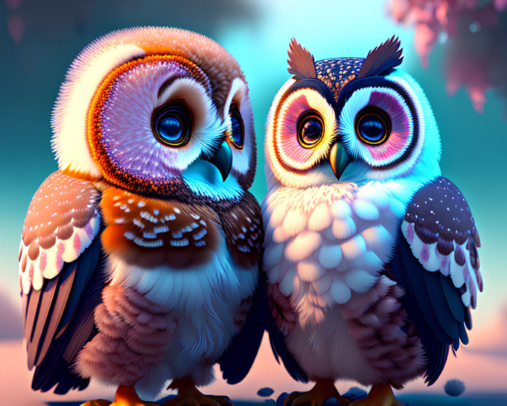 Colorful 3D-rendered owls with expressive eyes in whimsical setting