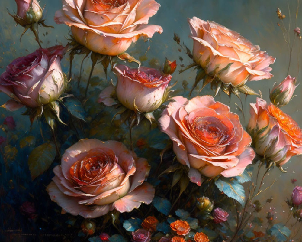 Oil Painting: Blooming Pink and Orange Roses on Dark Background