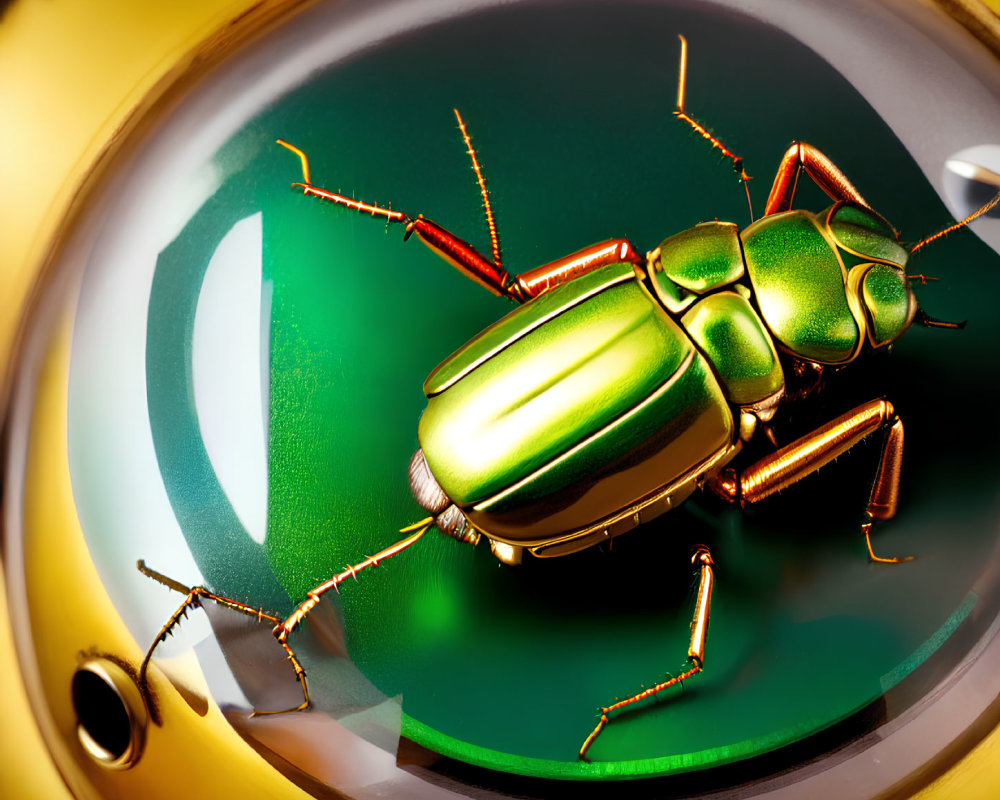 Shiny green and gold metallic beetle on glass surface with golden frames