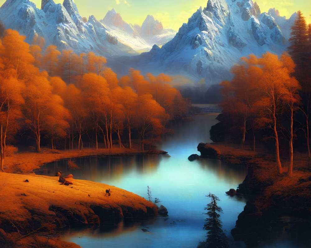 Tranquil autumn river scene with golden trees and snow-capped mountains