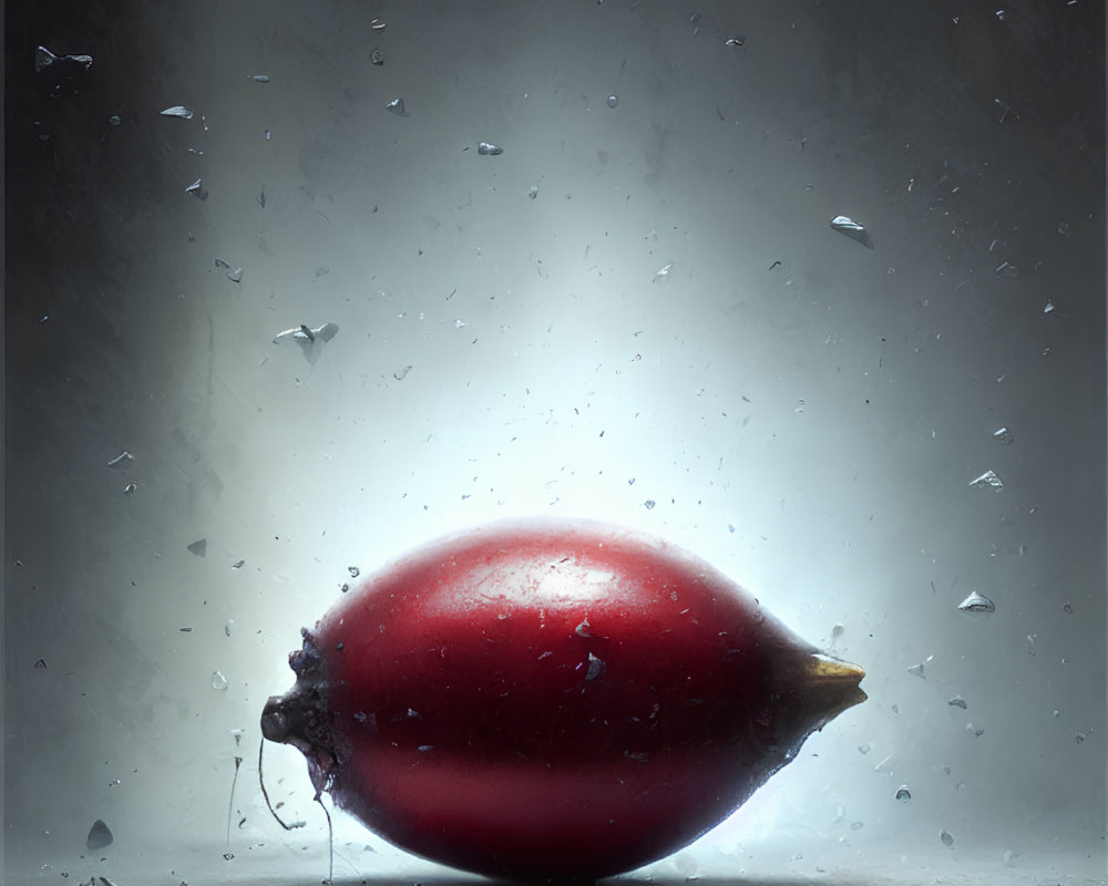 Shiny red pomegranate in misty atmosphere with water droplets and glass shards