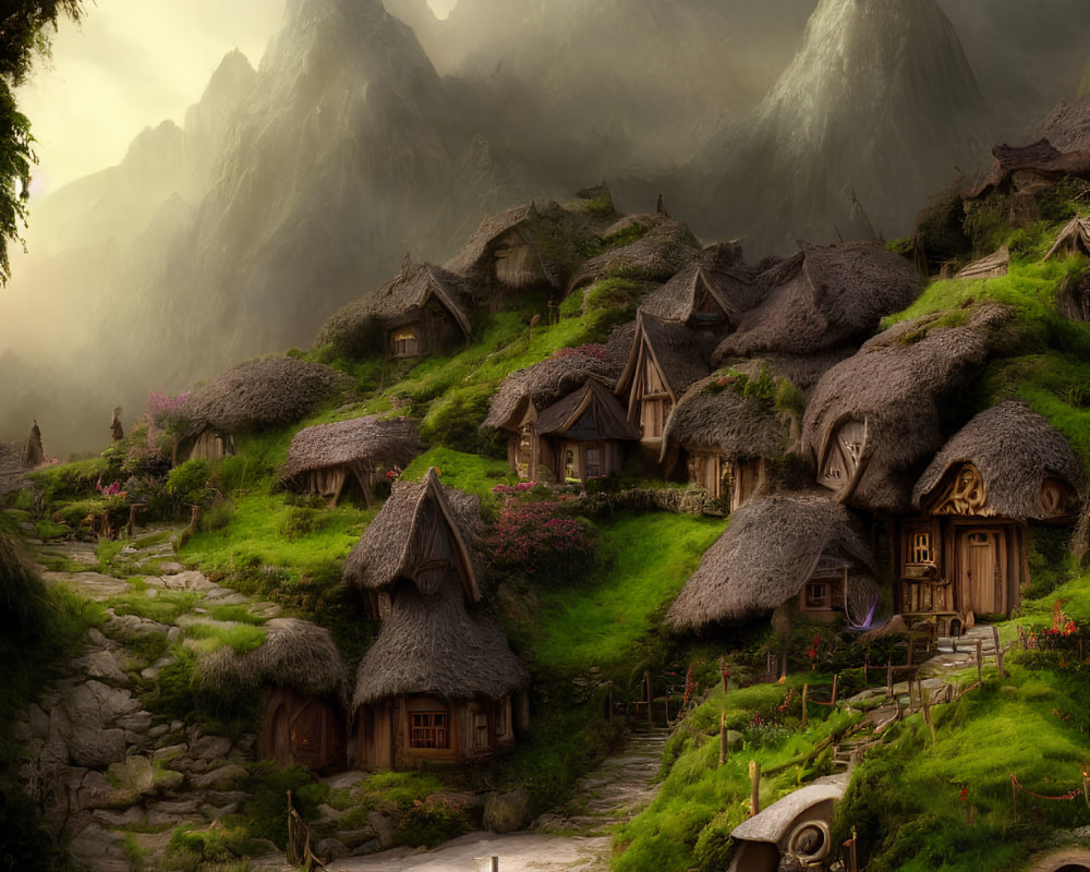 Tranquil fantasy village with thatched-roof cottages nestled among lush green hills