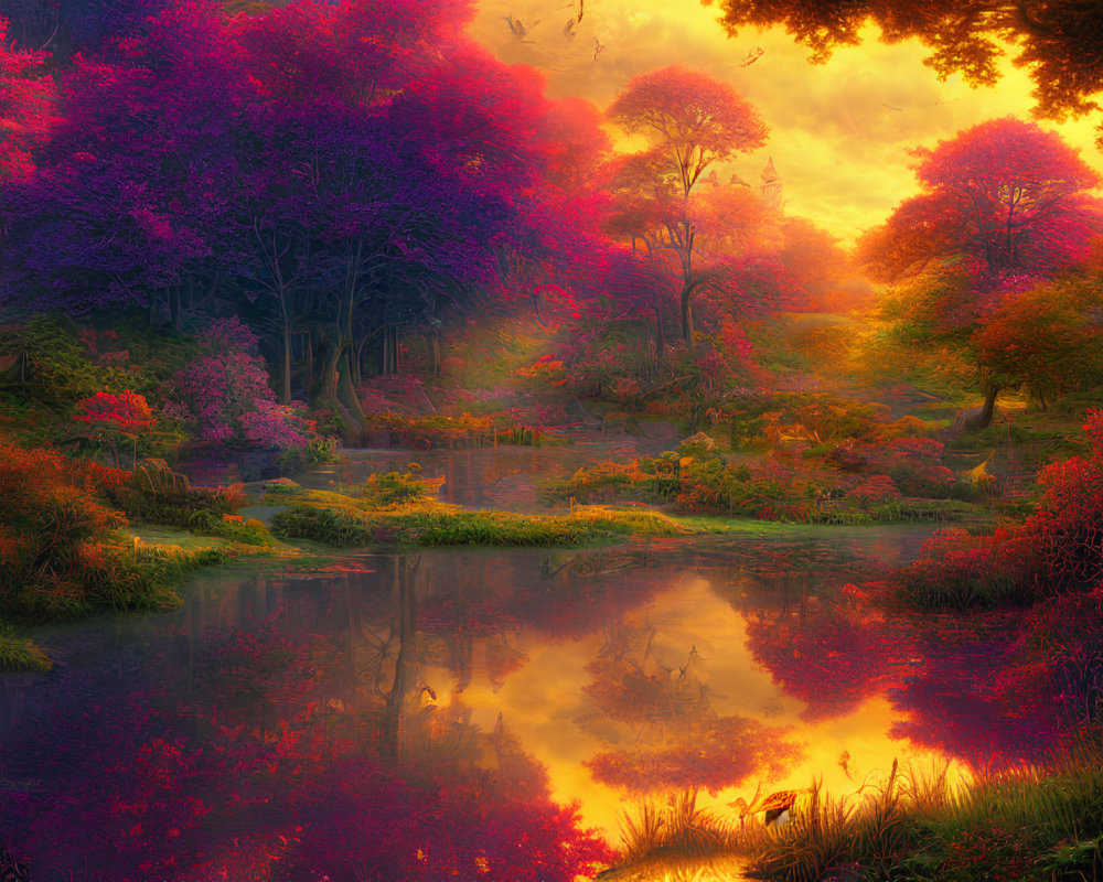 Fantasy Landscape with Purple and Pink Foliage by Serene Lake