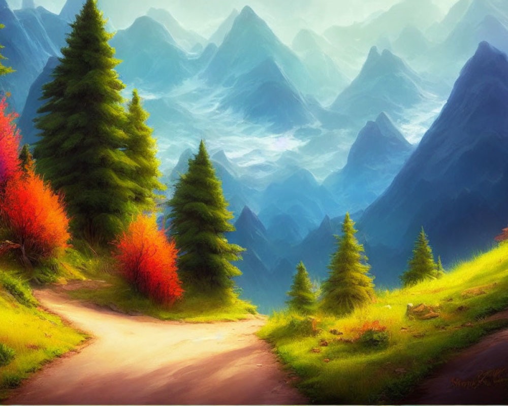 Scenic path through vibrant foliage with misty mountains and luminous sky