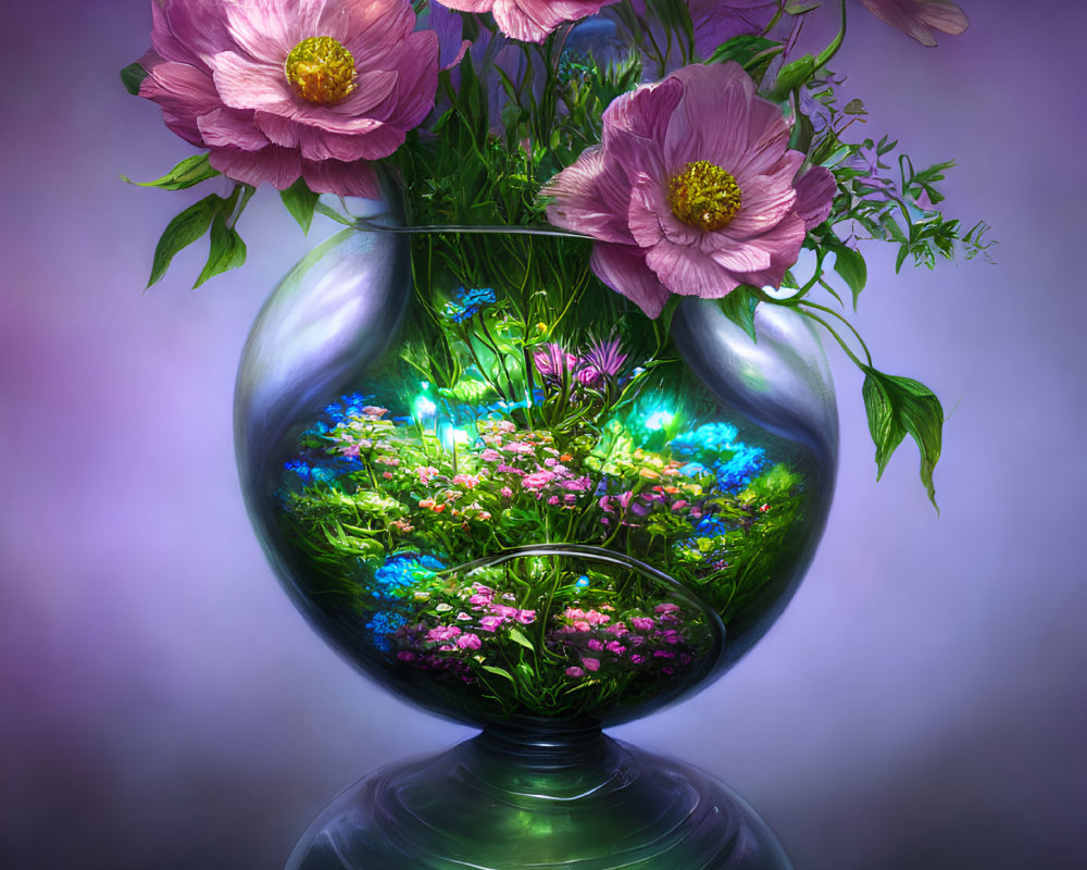 Colorful Digital Artwork: Glass Vase, Glowing Flowers, Lush Foliage,