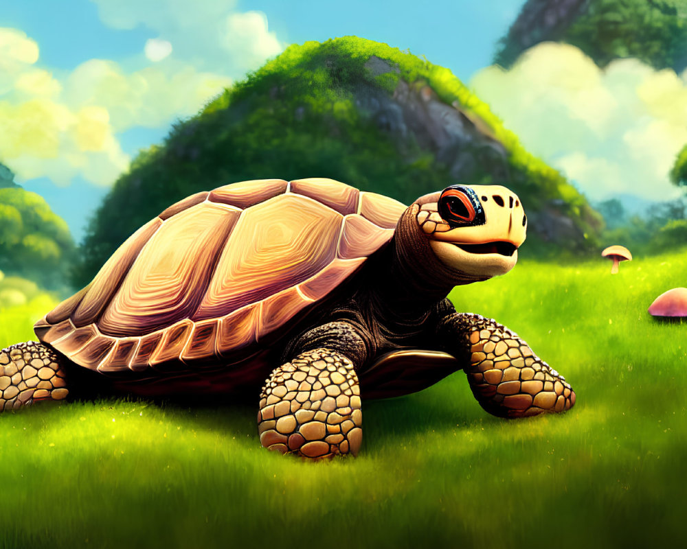 Colorful Tortoise Illustration on Grassy Field with Mushrooms and Green Hills