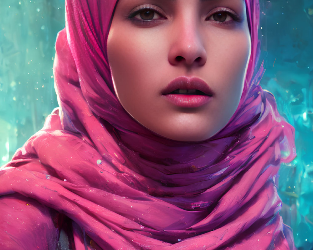 Vivid digital portrait of woman in pink hijab with intense gaze