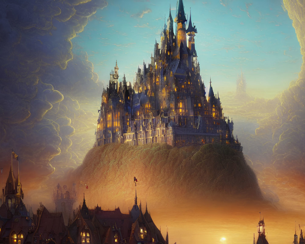 Majestic fantasy castle on cliff with spires under orange sunset sky