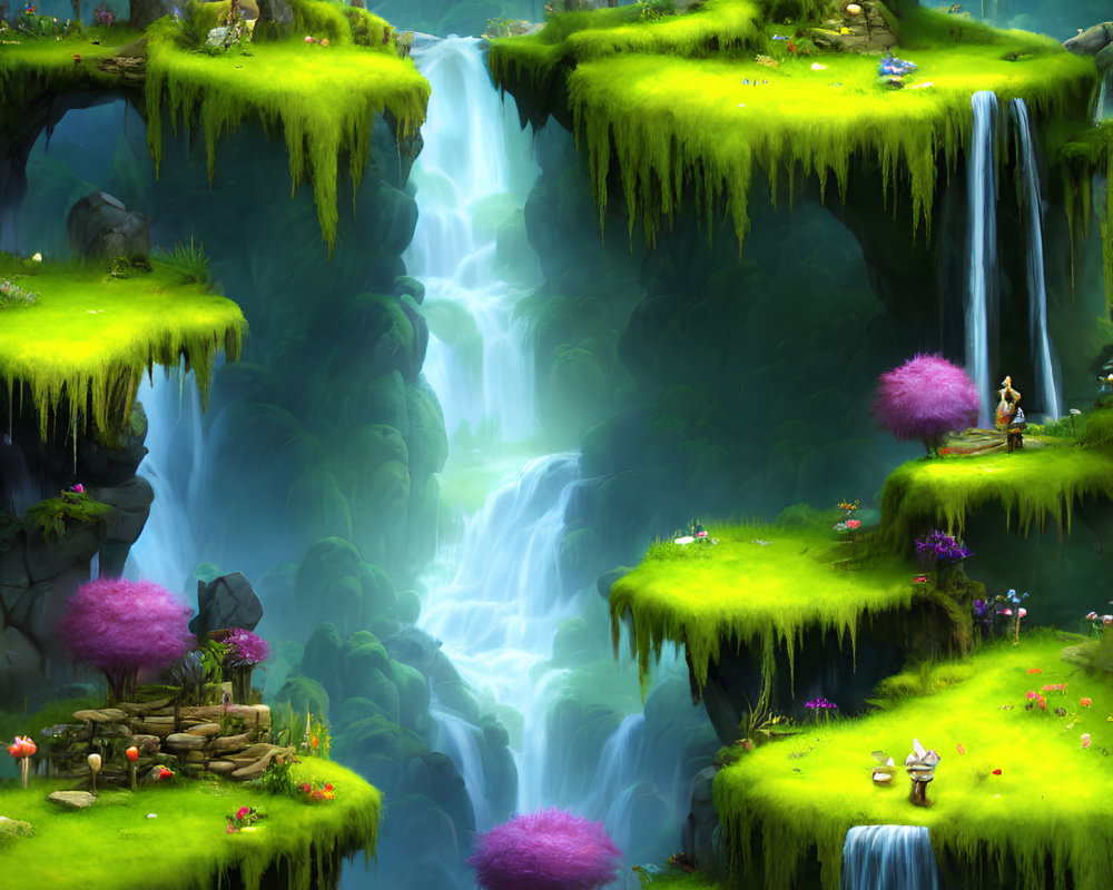 Fantasy landscape with waterfalls, floating islands, pink foliage, mushrooms, bridges