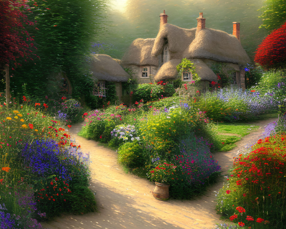 Thatched cottage surrounded by vibrant flowers and sunlight