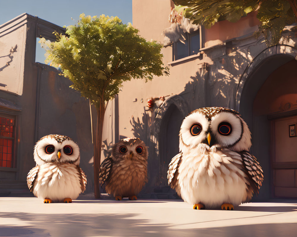 Three expressive-eyed animated owls on cobblestone street with European-style buildings and green foliage.