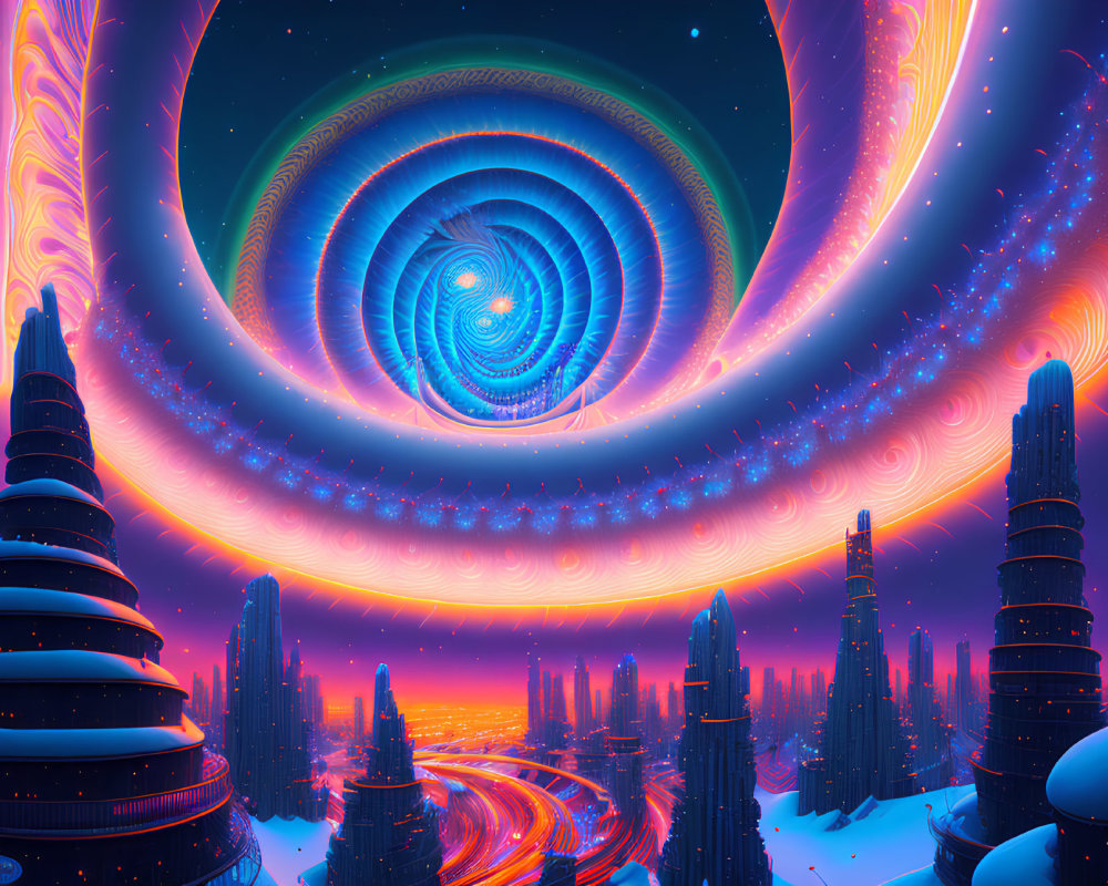 Futuristic cityscape under swirling cosmic vortex in blue and orange sky