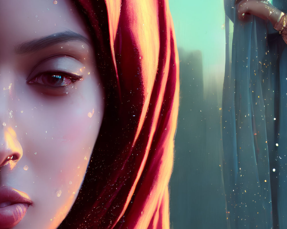 Detailed digital artwork of woman with red headscarf & luminescent skin