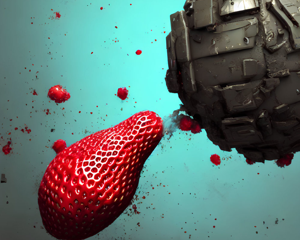 Juicy strawberry with metallic cube causes red explosion.