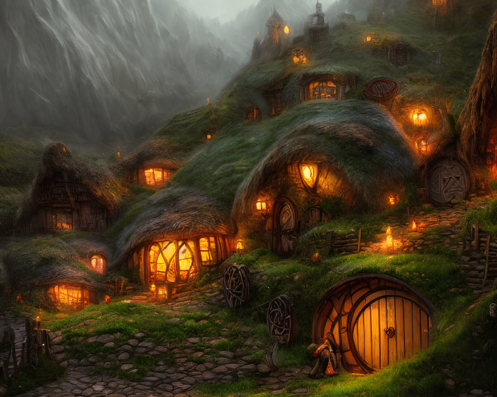 Mystical village at twilight with cozy cottages and winding paths