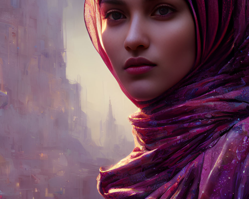 Contemplative young woman in purple headscarf against futuristic cityscape