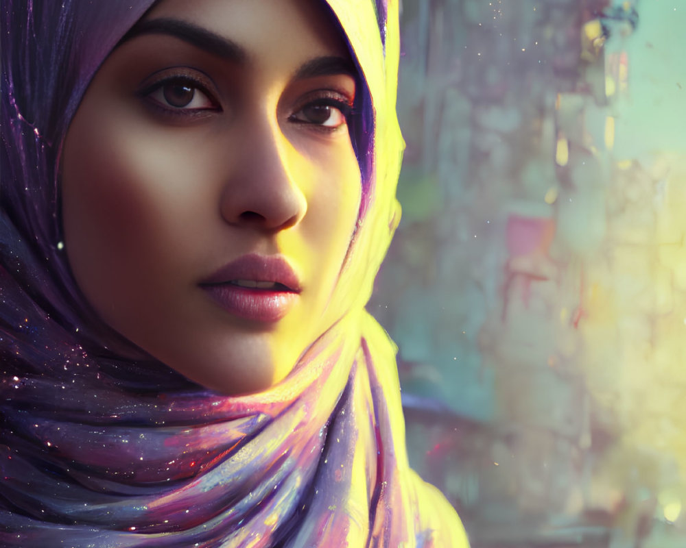 Detailed digital close-up: Woman in purple headscarf with soft gaze, set against colorful abstract backdrop