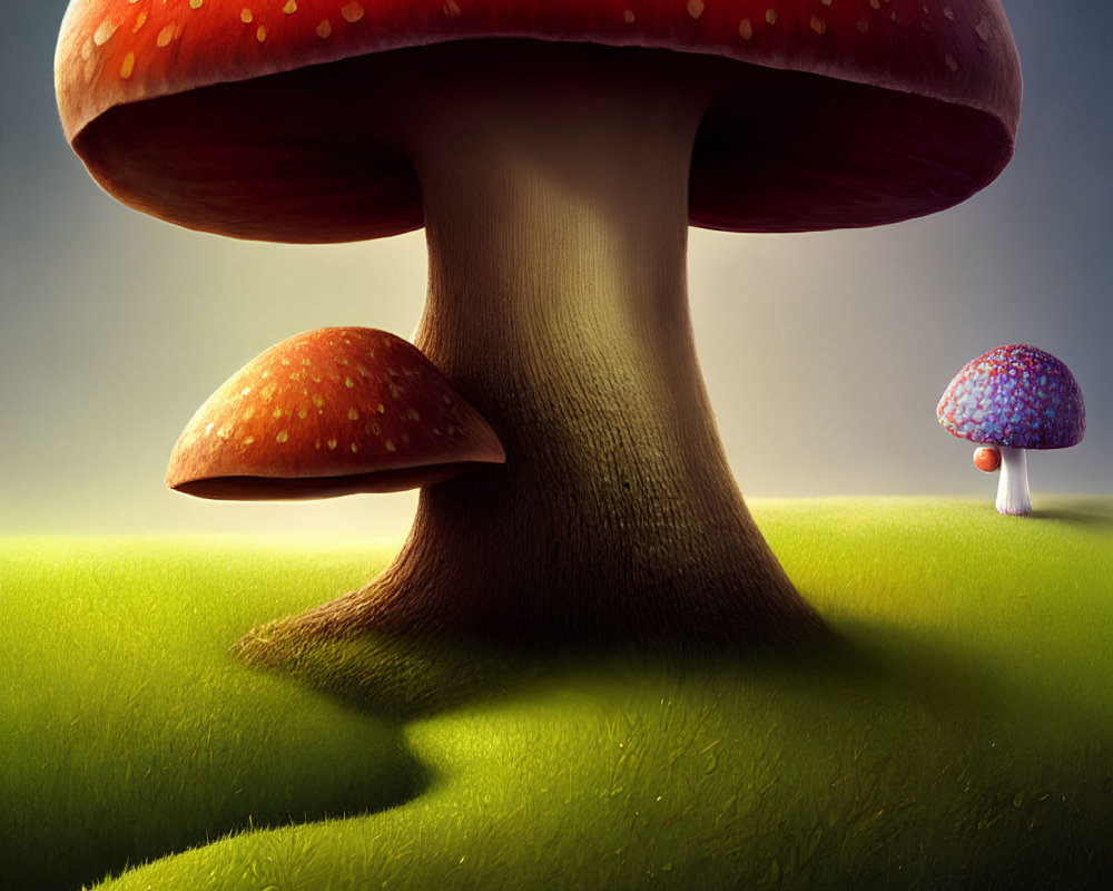 Stylized mushrooms on vibrant green hill with soft-focus background