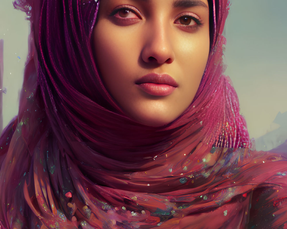 Serene woman in pink headscarf with glittering specks on light background
