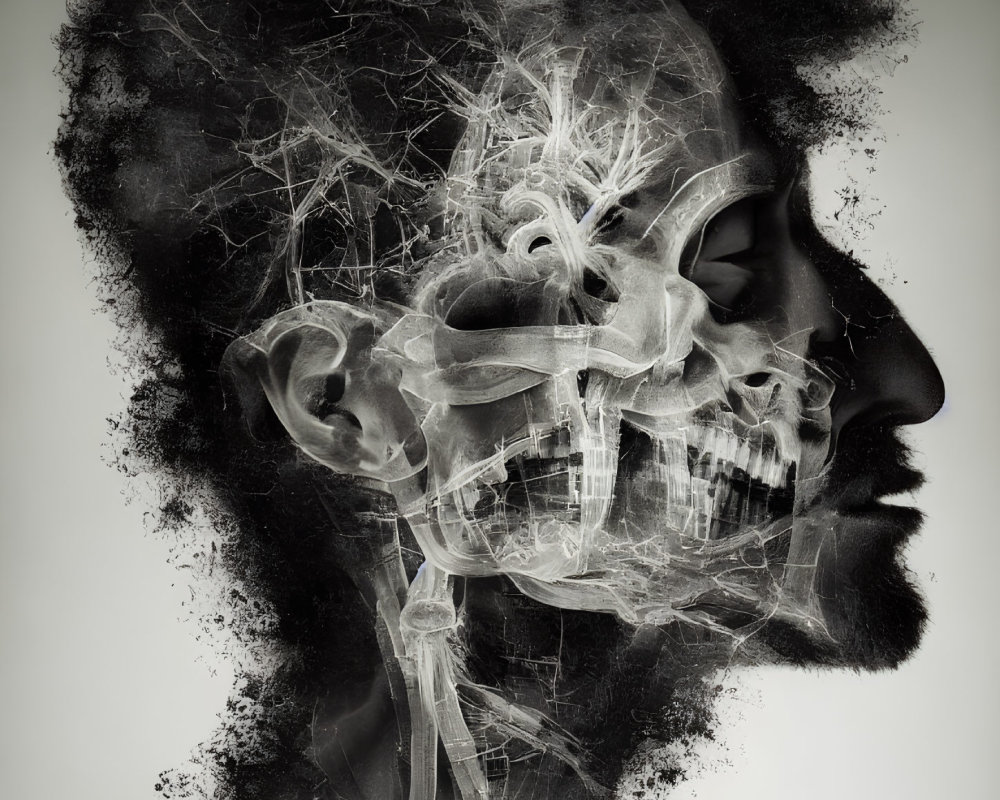 Monochrome human profile merges with intricate skull in web-like texture