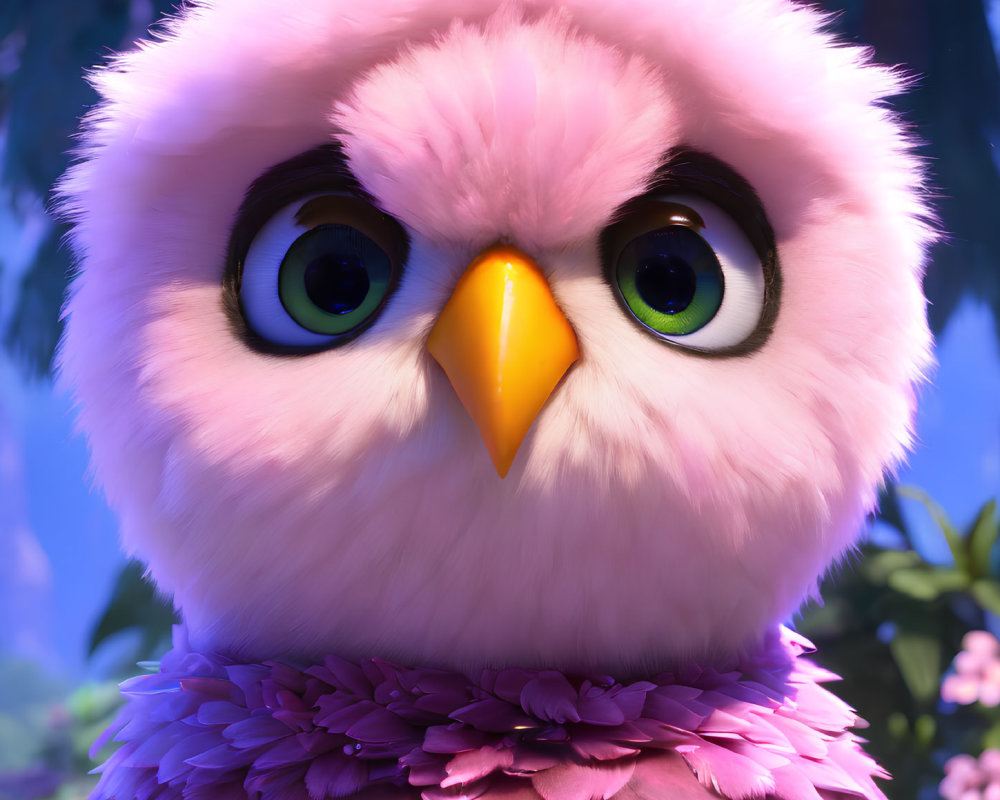 Fluffy pink animated owl with green eyes and yellow beak on purple foliage.