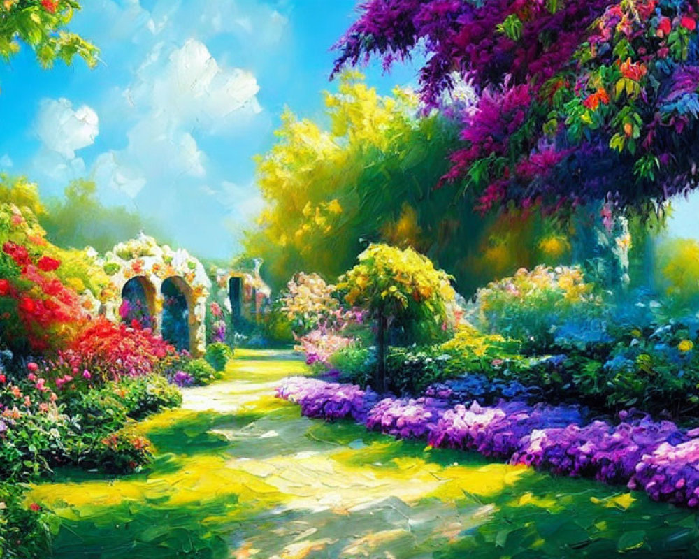 Colorful Blooming Flowers on Vibrant Garden Path with Stone Archway