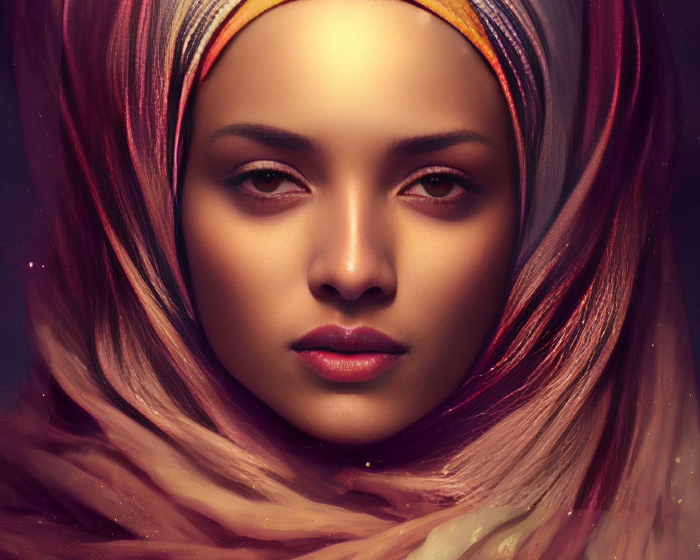Colorful headscarf woman digital artwork with warm hues and soft lighting