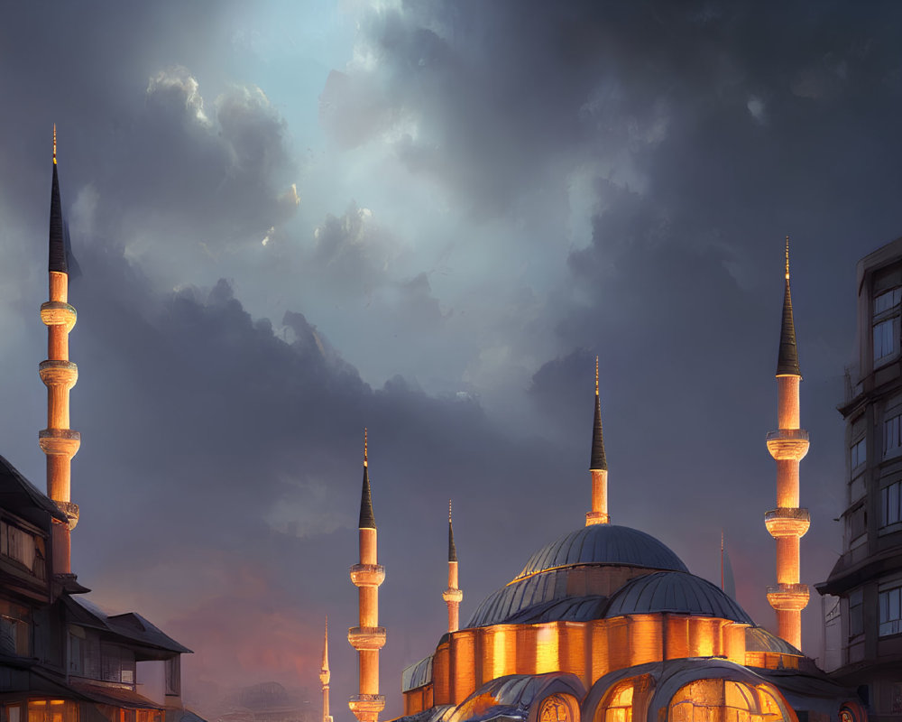 Cityscape with Mosque Silhouette and Minarets in Evening Sky