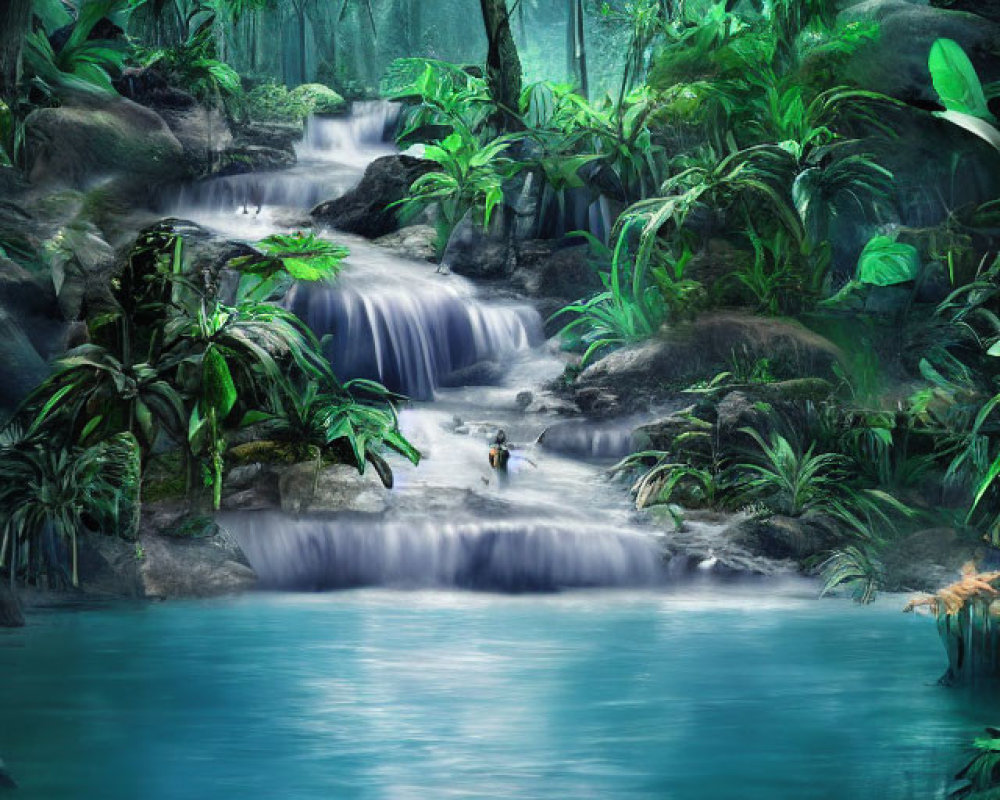 Tranquil jungle scene with cascading waterfall and blue pond