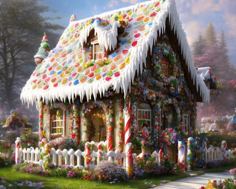 Colorful Candy-Adorned Cottage with Frosted Roof in Enchanting Garden