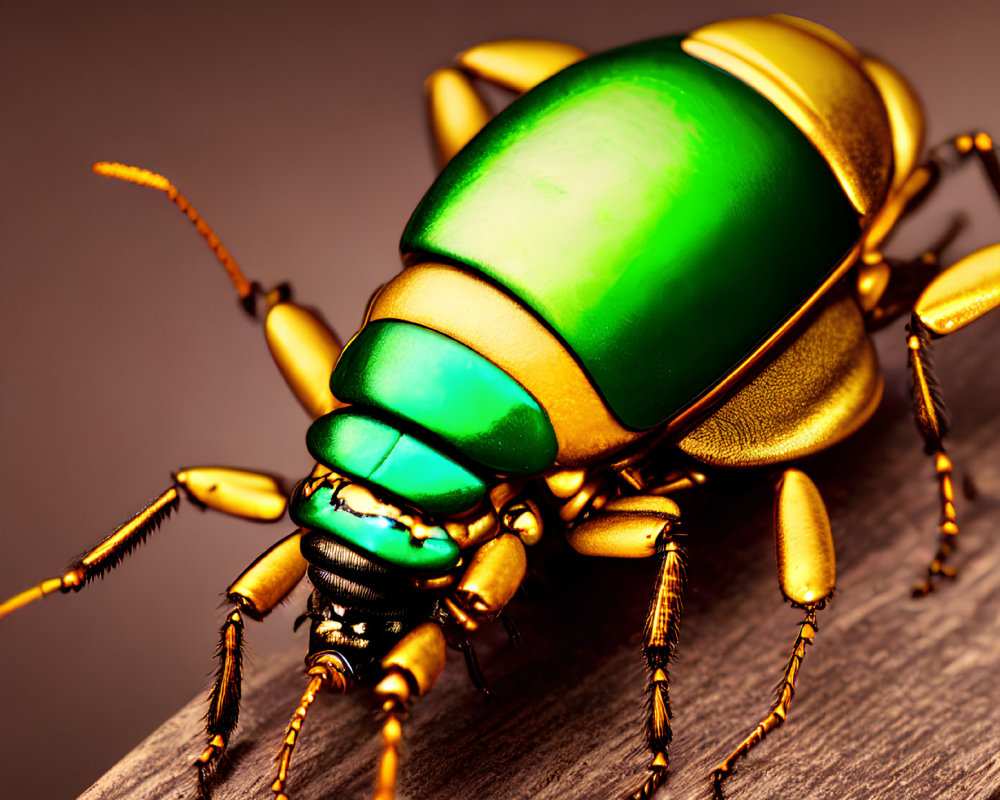 Detailed Close-Up of Vibrant Green Beetle on Wooden Surface