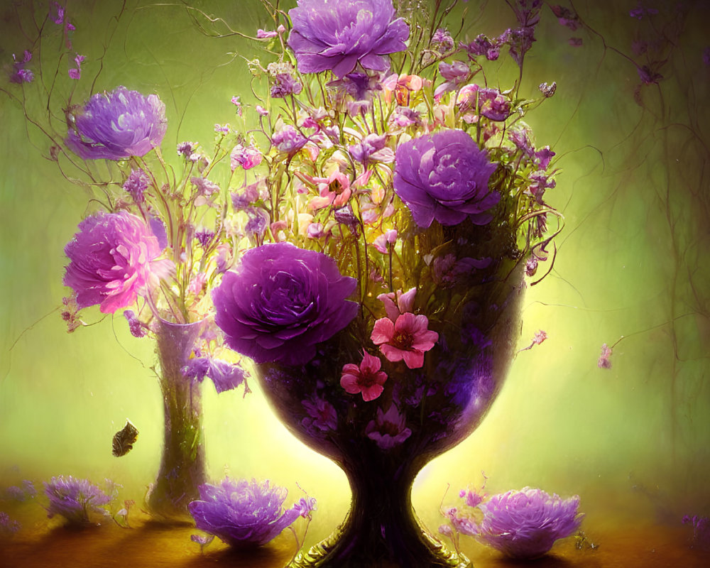 Purple flowers in ornate vase against warm backdrop