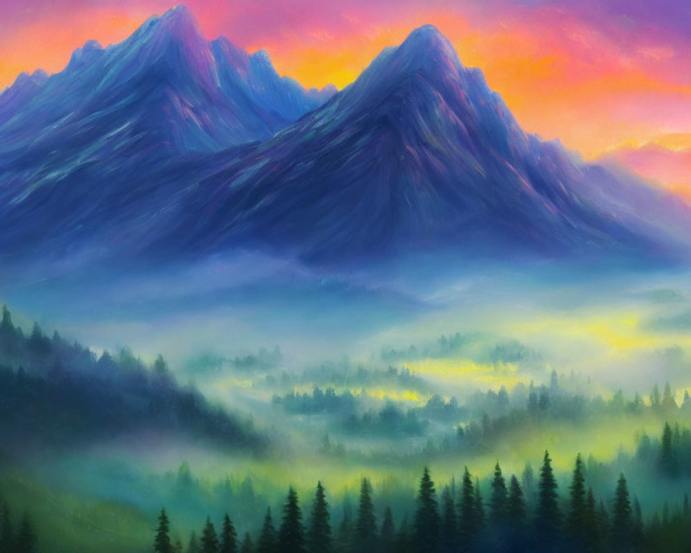 Scenic painting: Two mountain peaks at sunrise with purple sky and misty forest.