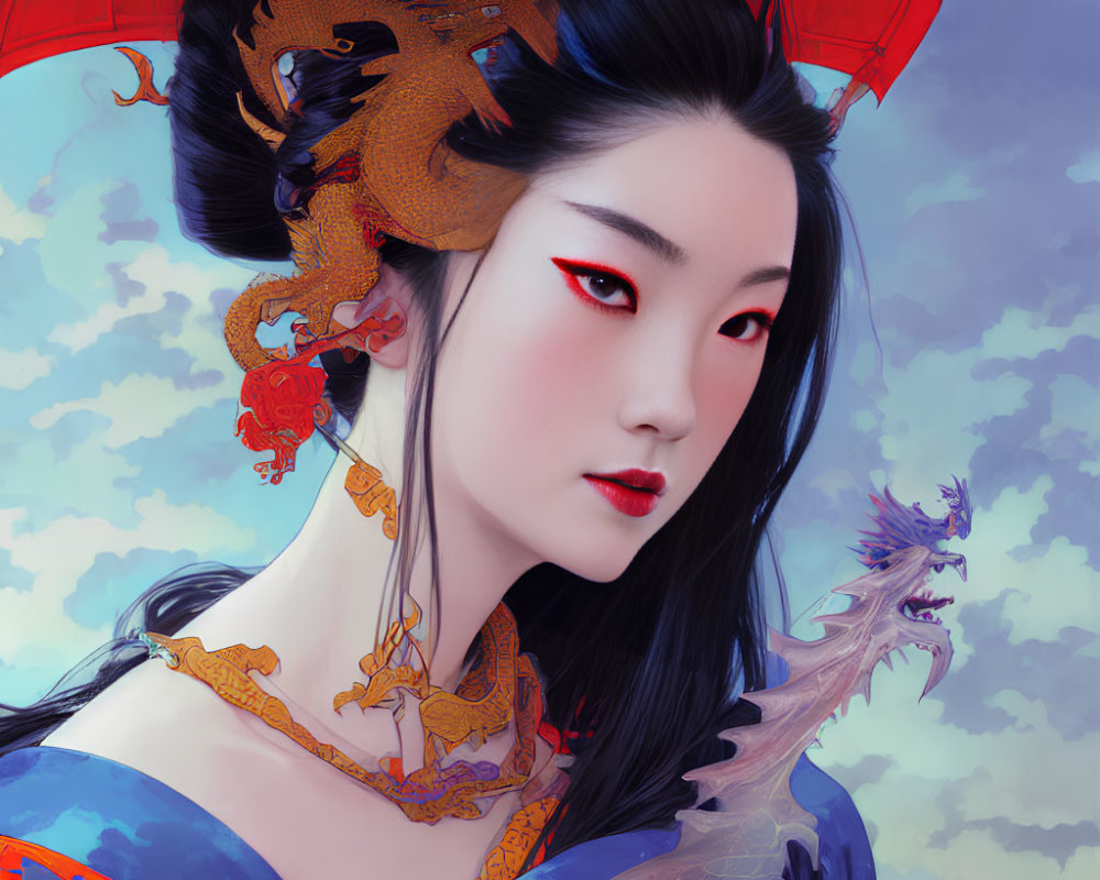 Digital artwork of woman with pale skin, dragon-adorned hair, red eyes, traditional attire,