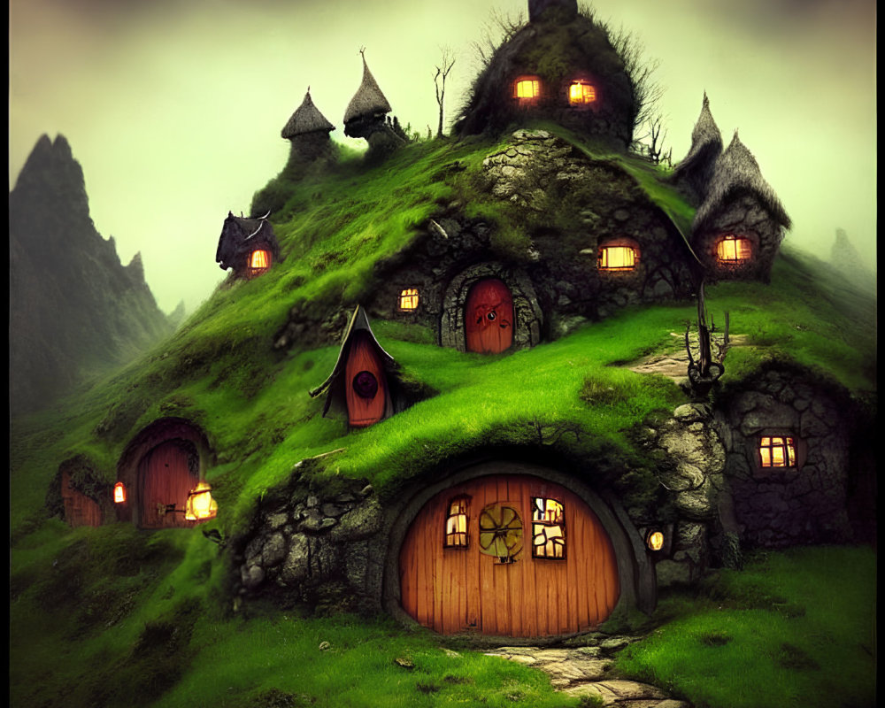 Fantasy illustration of grass-covered hobbit homes in misty green landscape