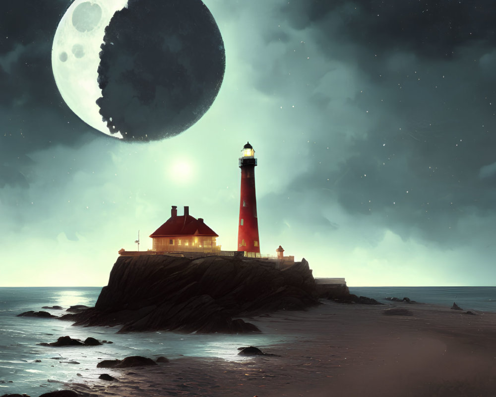 Lighthouse on rocky outcrop with glowing beacon under large moon