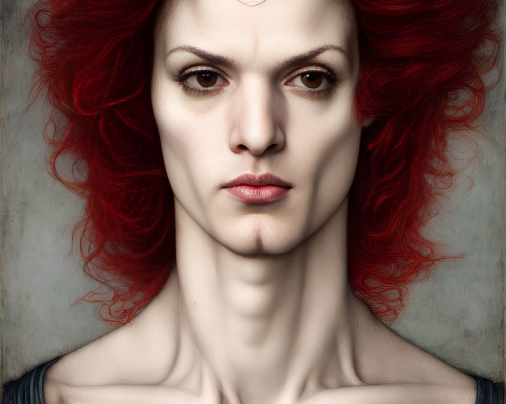 Symmetrical portrait of a person with red hair and sharp gaze