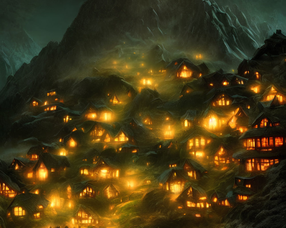 Scenic night view of illuminated village in mountains