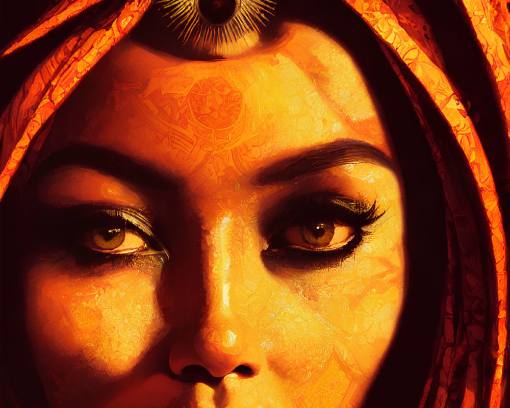 Digital artwork featuring woman with ornate orange headscarf and glowing face patterns.