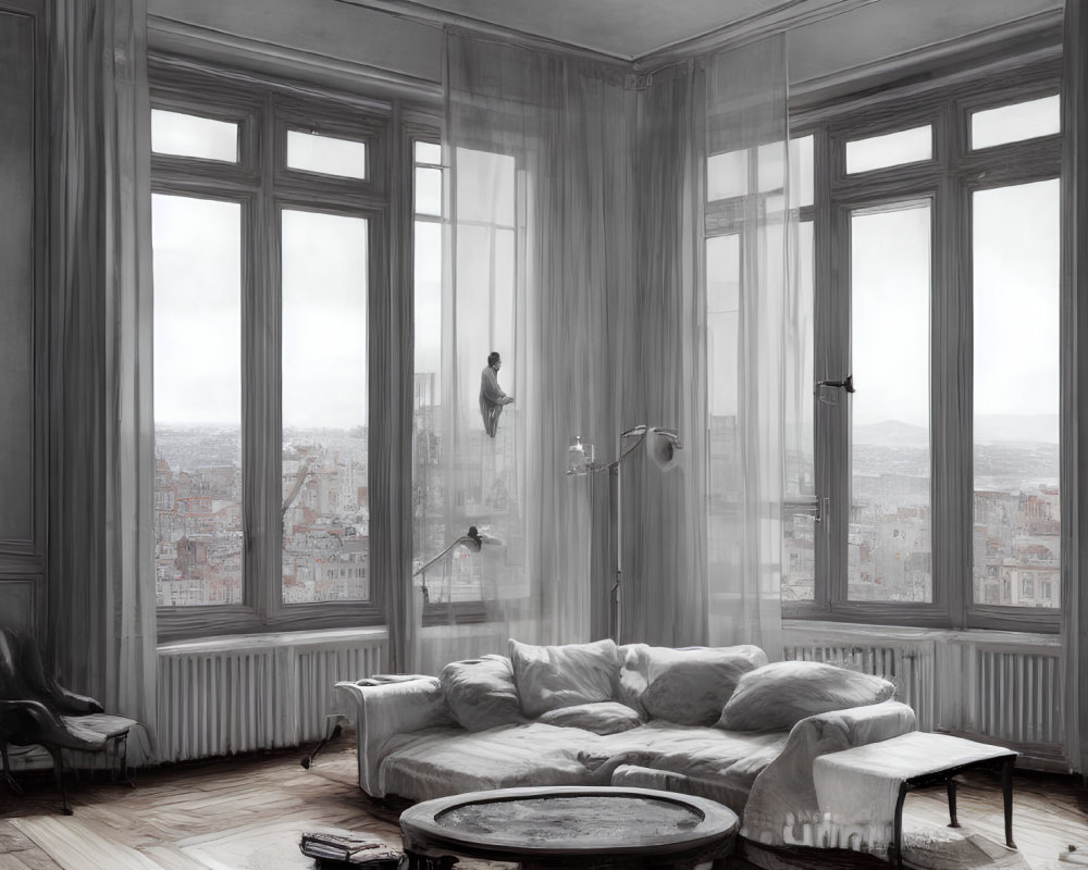 Sophisticated monochrome room with city view, sheer curtains, sofa, chaise lounge, floor