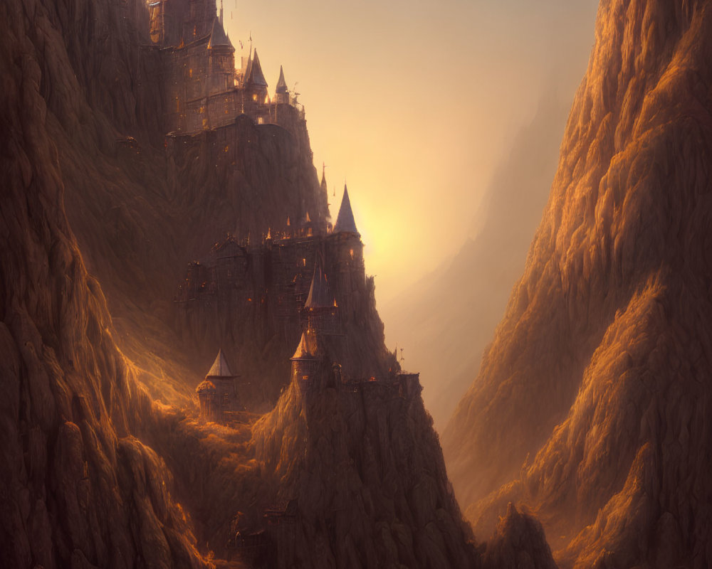 Mystical castle on rugged cliffs at sunset with narrow pathways