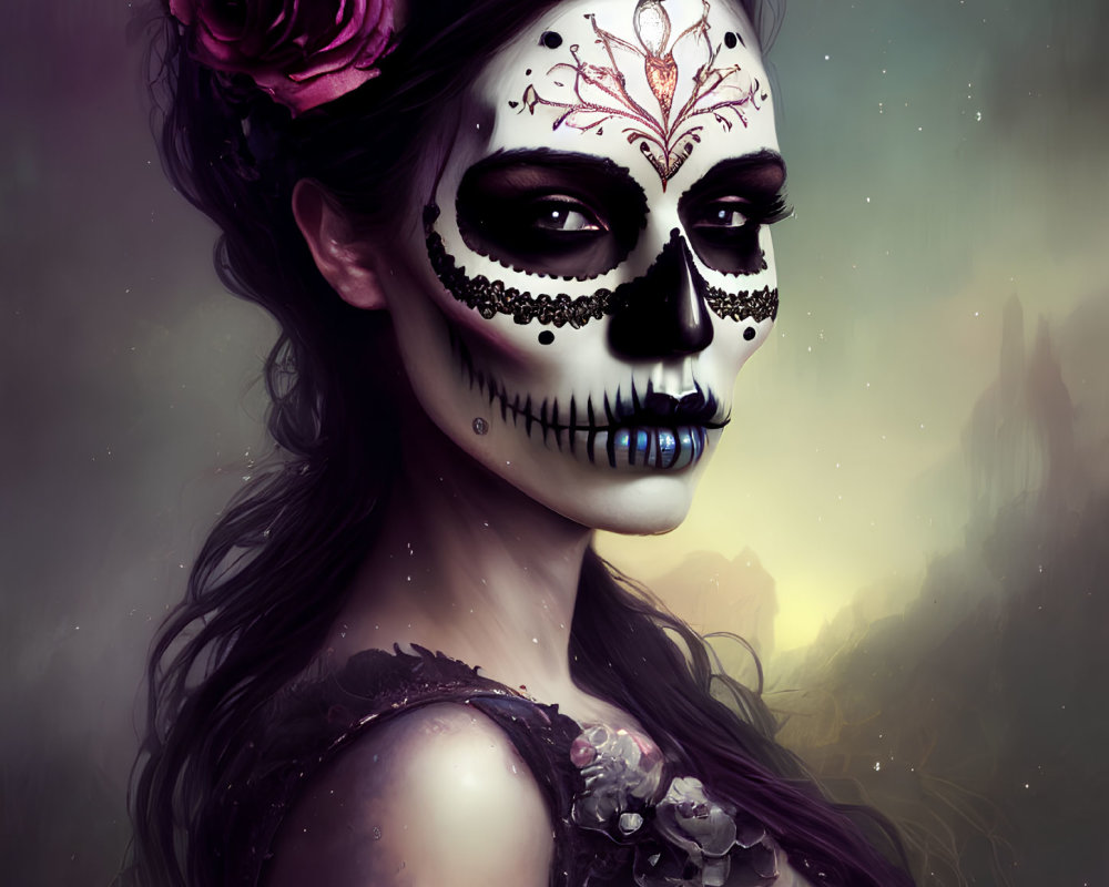 Woman with Day of the Dead skull makeup and floral hair adornment in atmospheric setting