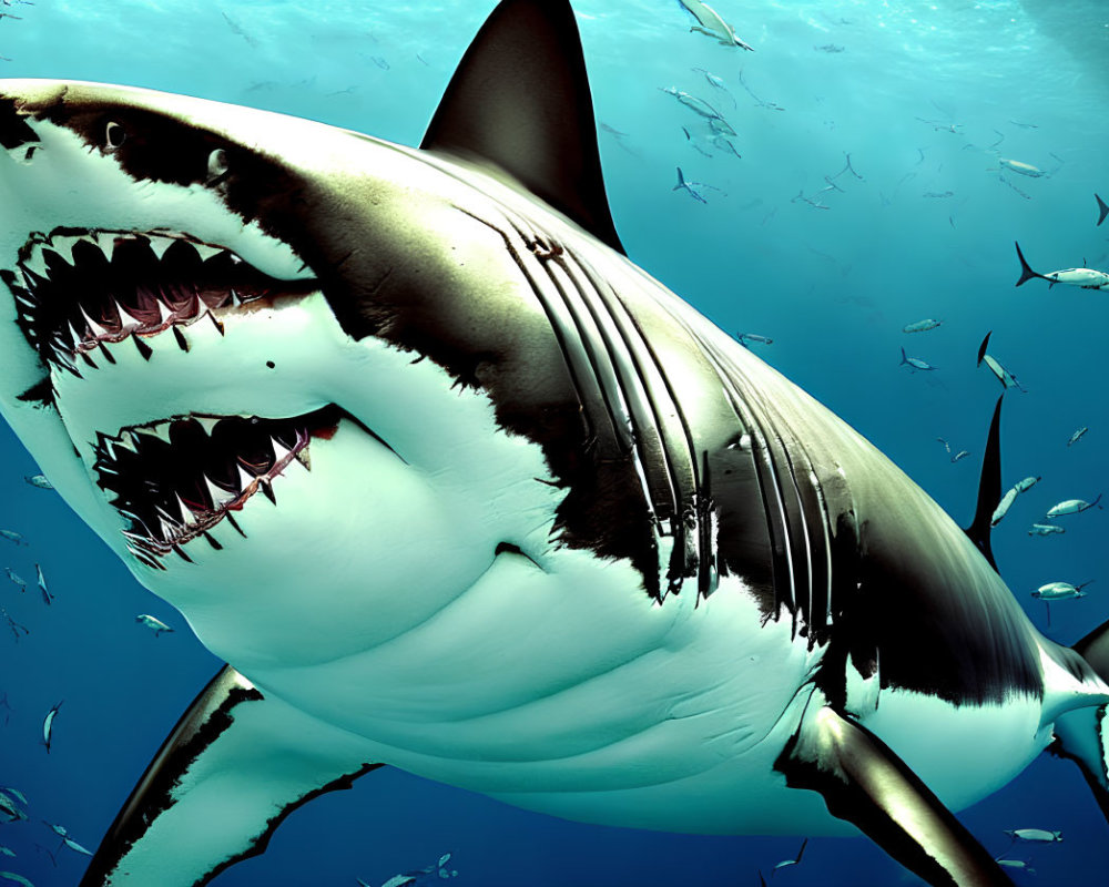 Large Great White Shark Among School of Fish in Deep Blue Underwater Scene