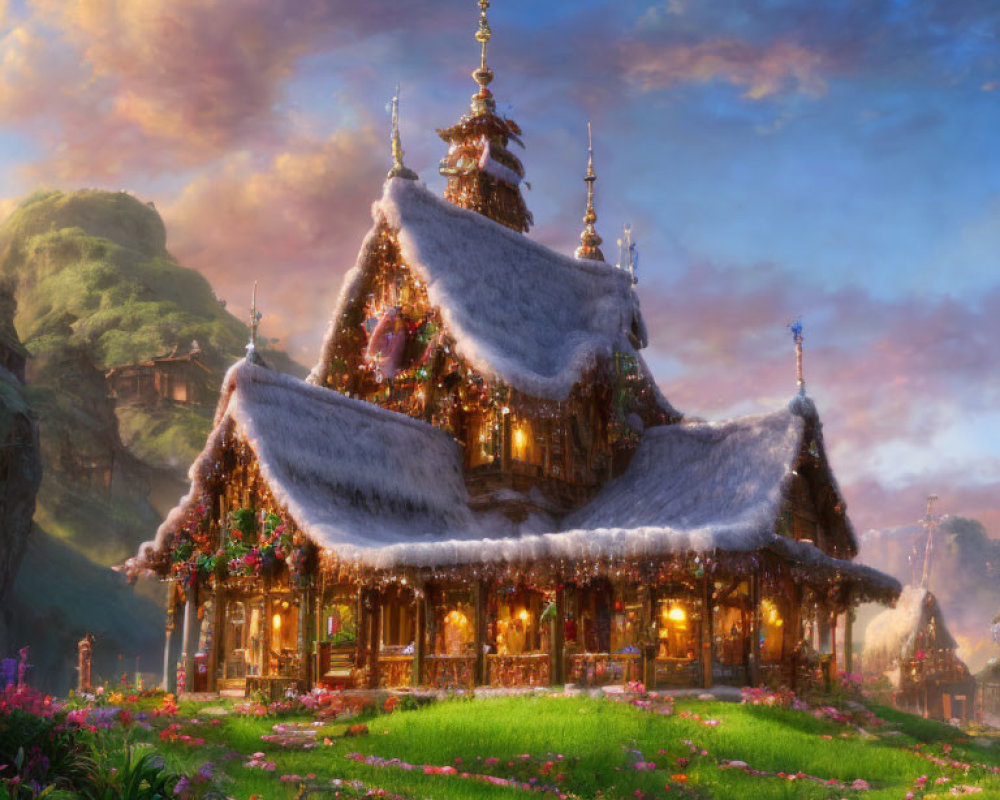 Snow-covered wooden cottage with ornate decorations and warm lighting amidst lush greenery at twilight