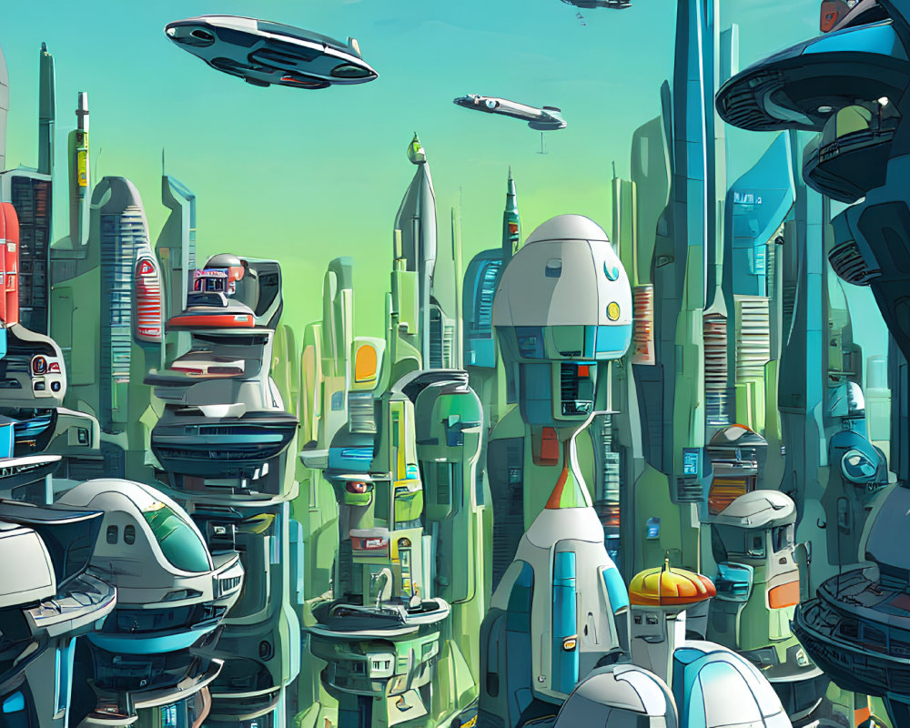 Futuristic cityscape with skyscrapers, flying vehicles, and robots.